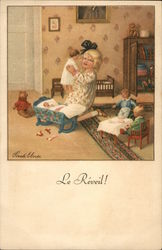 "Le Réveil!" - Child Waking Doll from Crib Girls Postcard Postcard