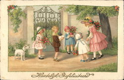 "Hartelijk Gefeliciteerd" - Children At Gate With Flowers, Dog Postcard Postcard