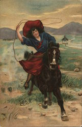 A Woman Riding a Horse, Roping Postcard