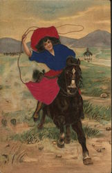 Woman Riding Horse with Lasso Cowboy Western Postcard Postcard