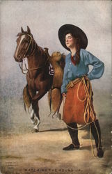 "Watching The Round Up" - Cowgirl With Lariat Standing By Horse Cowboy Western Postcard Postcard Postcard