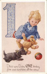 Boy with Teddy Bear, Dog & Ball Postcard