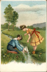 Boy and Girl with a Sail Boat Postcard