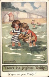 Two Kids Playing in the Water with a Teddy Bear Postcard