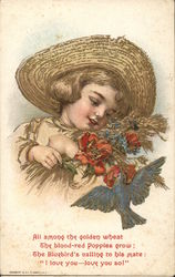 Girl in Straw Hat With Red Poppies and Bluebird Postcard