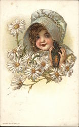 A Girl with a Bonnet and Daisies Postcard