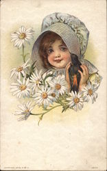 Girl In Bonnet With Bird and Daiseys Girls Postcard Postcard