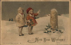 "New Year Wishes" - Two Children at 0.5 Meter Marker in Snow Postcard Postcard