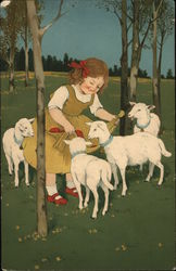 Girl Feeding Lambs from Apron Postcard