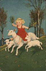 Girl Riding a Lamb in a Meadow Sheep Postcard Postcard