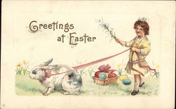 "Greetings At Easter" - Bunny Leading Girl By Basket of Eggs With Children Postcard Postcard