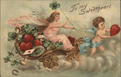 To My Sweetheart - Cupid Pulling Fairy in Chariot Postcard