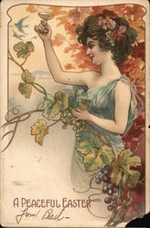 A Peaceful Easter - Woman in Grape Vione Holding Wine Glass Flowers Postcard Postcard