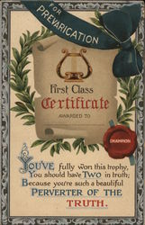 For Prevarication, First Class Certificate Awarded To: Postcard