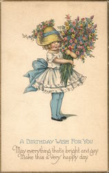 "A Birthday Wish For You" - Girl Holding Large Bundle of Flowers Postcard