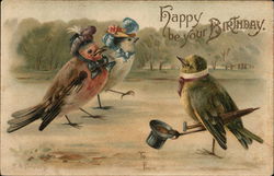 "Happy Be Your Birthday" - Male Bird Tips Hat to Two Lady Birds Postcard