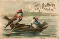 With Hearty Birthday Wishes - Bird Couple in Rowboat Postcard