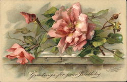 Greetings For Your Birthday - Pink Roses on Stone Ledge C. Klein Postcard Postcard