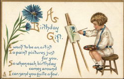 "A Birthday Gift" - Child Painting at Easel Postcard