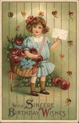 Little Girl Holding a Basket of Flowers and a Letter Postcard