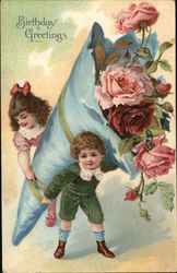 Birthday Greetings (Two Children Holding Large Bundle of Roses) Postcard