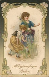 All Happiness For Your Birthday - Two Girls Picking Flowers Postcard