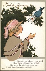 Girl Receiving Letter from Bluebird Birthday Postcard Postcard