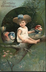 Birthday Greetings - Child Sitting on Branch with Bird on Each Side Postcard