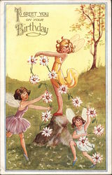 Girls Playing with Flowers in a Field Postcard