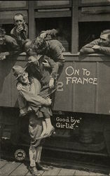 On To France - People Saying Goodbye on a Train Trains, Railroad Postcard Postcard