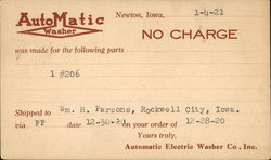 Automatic Electric Washer Co., Inc. Correspondence Card Postcard