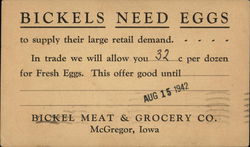 Correspondence Card from Bickel Meat & Grocery Co., McGregor, Iowa Advertising Postcard Postcard