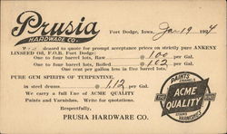 Correspondence Card from Prusia Hardware Co., Fort Dodge, Iowa Postcard