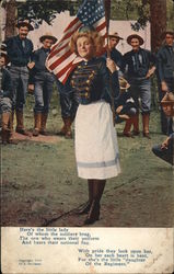 Woman Holding Flag In Uniform with Male Soldiers in Background Postcard