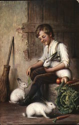 Boy with 3 Rabbits Postcard