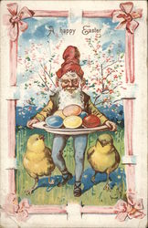 "A Happy Easter"- Man with Chicks and Platter of Eggs Postcard