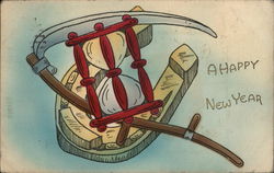 "A Happy New Year" - Hourglass, Sickle and Horseshoe Postcard