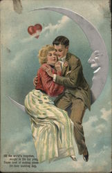 A Young Couple Sitting on the Moon Romance & Love Postcard Postcard