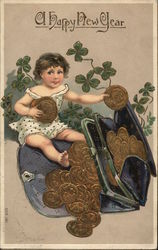 "A Happy New Year" - Child with Coins Spilling From Purse Postcard