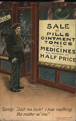 Man Reading Sign Advertising Half Price Pills and Medicines Comic, Funny Postcard Postcard