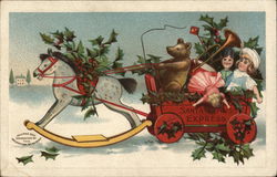 "Santa Claus Express" - Cart of Toys Driven by Bear, Pulled by Rockinghorse Postcard Postcard Postcard