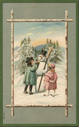 Two Young Girls Building a Snowman Snowmen Postcard Postcard