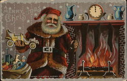 Santa Putting Toys in Stockings by Fire Postcard