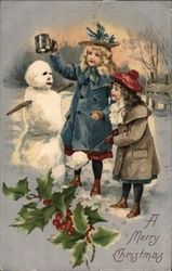 "A Merry Christmas" - Girls Building Snowman Postcard