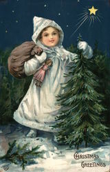 Girl with a Sack of Presents and Christmas Tree Postcard