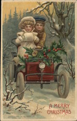 A Couple Riding a Car in the Snow Christmas Postcard Postcard