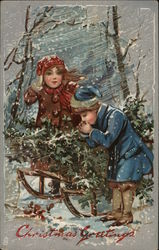 Children in Snowstorm with Sleigh Postcard Postcard