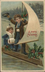 "A Merry Christmas" - Children on Makeshift Sailboat Postcard