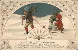 "A Joyful Christmas" - Boy Pulling Girl On Sled Postcard