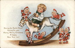 Child on Rocking Horse with Baby Santas Children Postcard Postcard